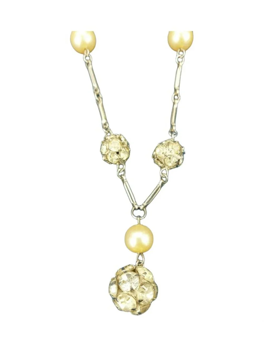 Vintage Rhinestone Ball Necklace Faux Pearls Y-Drop Globe Cluster Extender 17